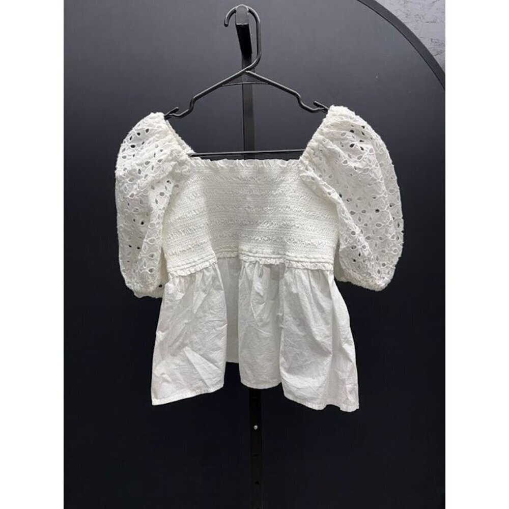 American Eagle White Eyelet Lace Babydoll Puff Sleeve Blouse